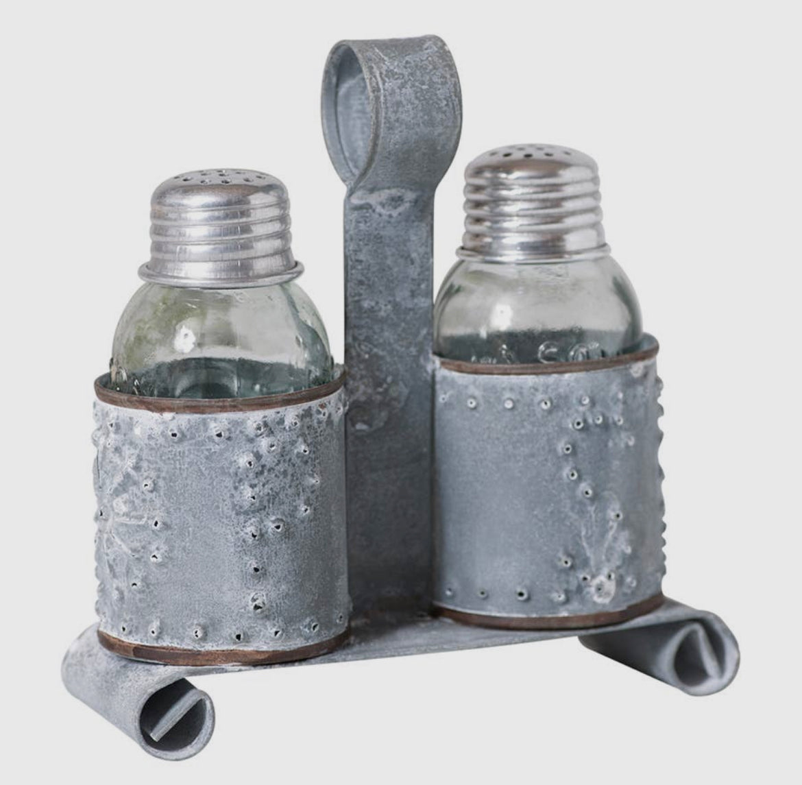 Mason Jar Salt and Pepper Shakers in Weathered Zinc Holder