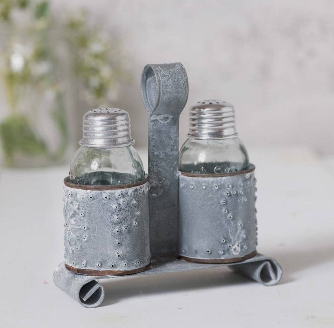 Mason Jar Salt and Pepper Shakers in Weathered Zinc Holder