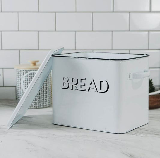 White Enamel Bread Box with Lid