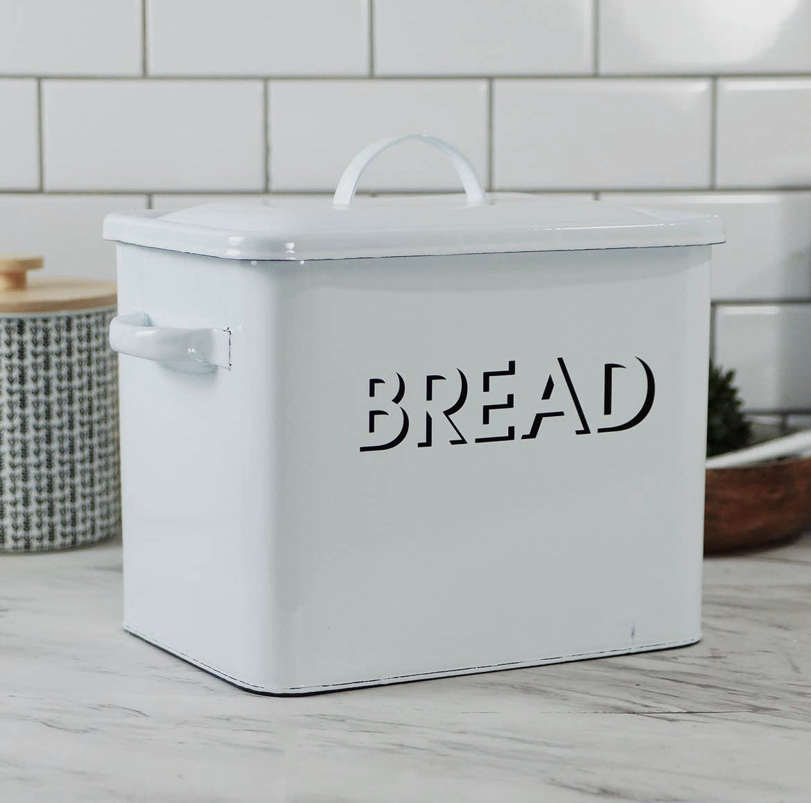 White Enamel Bread Box with Lid