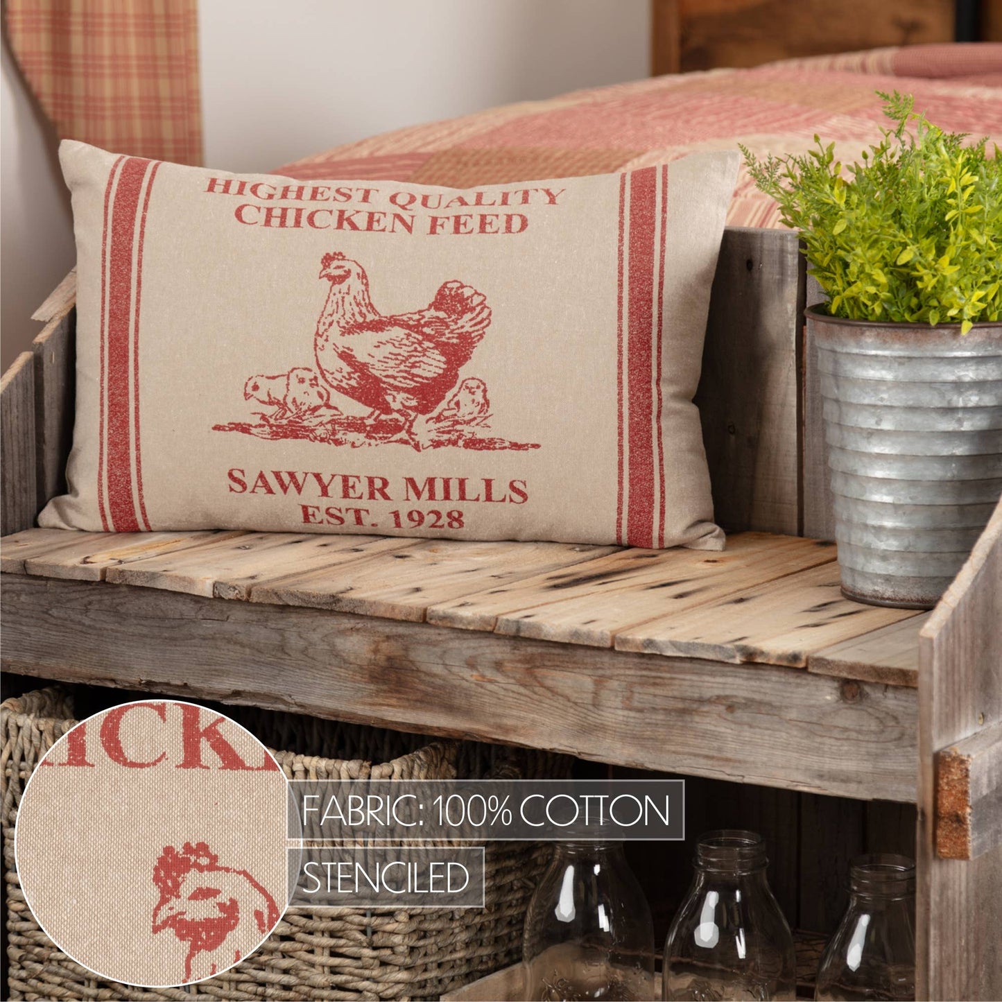 Sawyer Mill Red Hen and Chicks Pillow 14x22